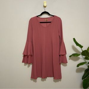 True Craft Pink Long Bell Trumpet Sleeve Trapeze Mini Dress